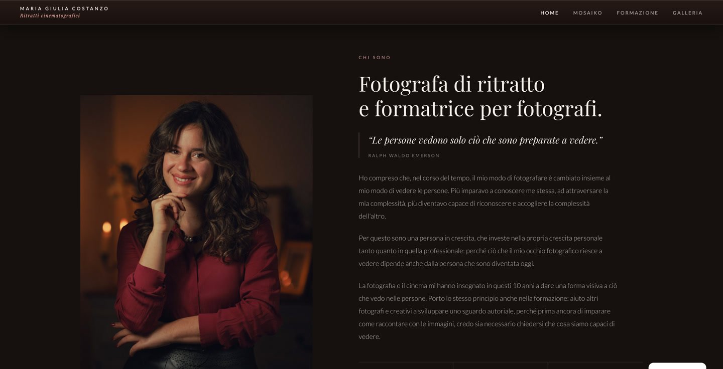 La sezione Chi sono, con il ritratto di Maria Giulia e la presentazione del suo approccio fotografico